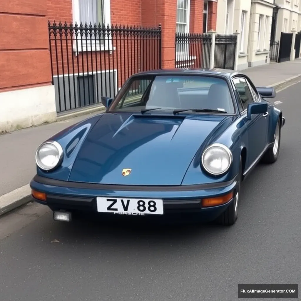 Porsche 911 SC coupe 1977 in dark petrol blue with silver cookie cutter wheels. The car has no spoiler. Registration plate is ZV 8888. The car is parked on a Dublin street.