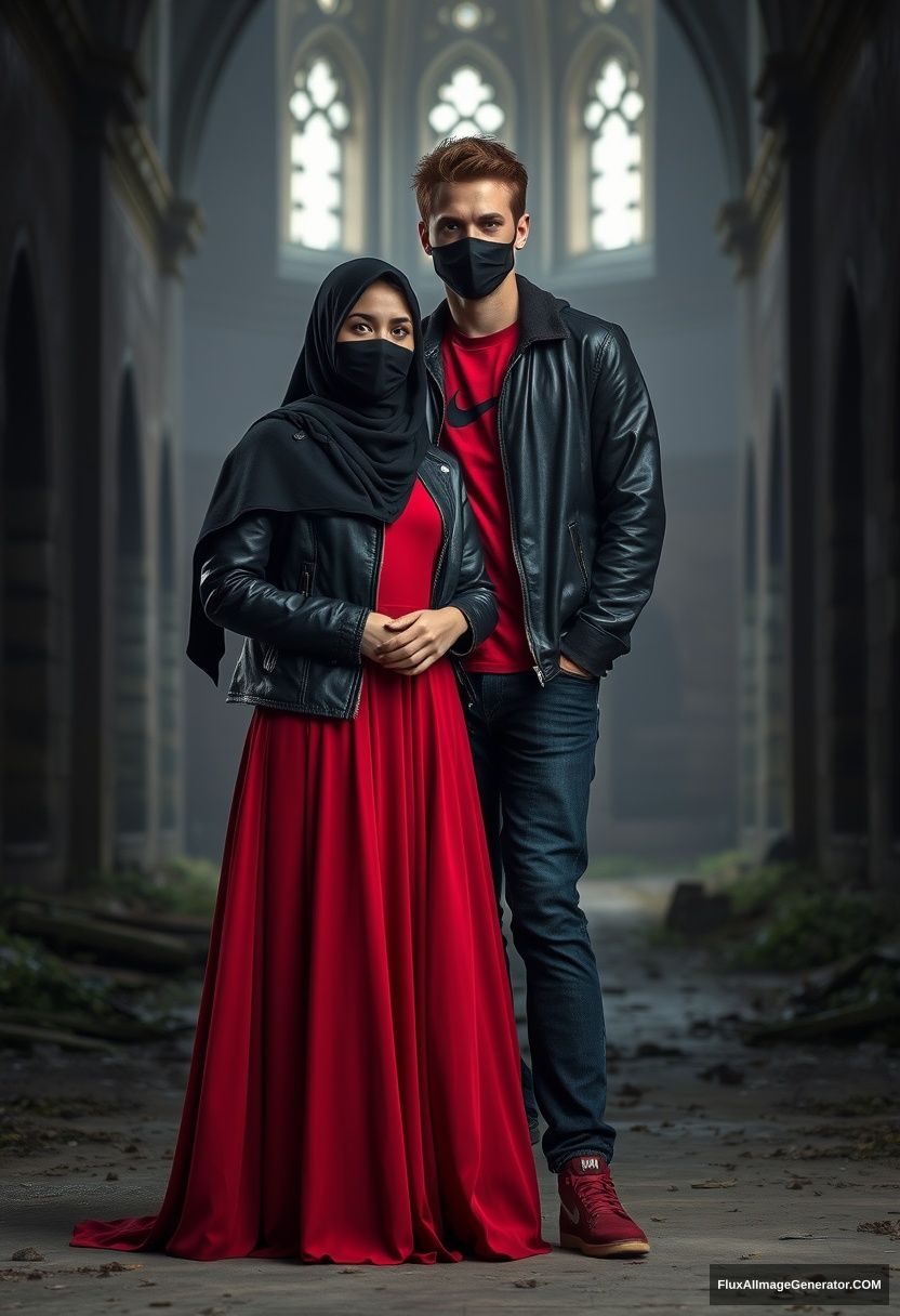 A biggest black hijab girl, beautiful eyes, face mask black, black leather jacket, biggest red longest dress, untall, standing near him and love, hold his arm,

Jamie Dornan, handsome, youngest, face mask black, fit and tough body, Nike red t-shirt, black leather jacket, jeans, red sneaker, tall man, standing near her

Hyper realistic, photorealistic, studio photography, Victoria's abandoned castle, gloomy. - Image