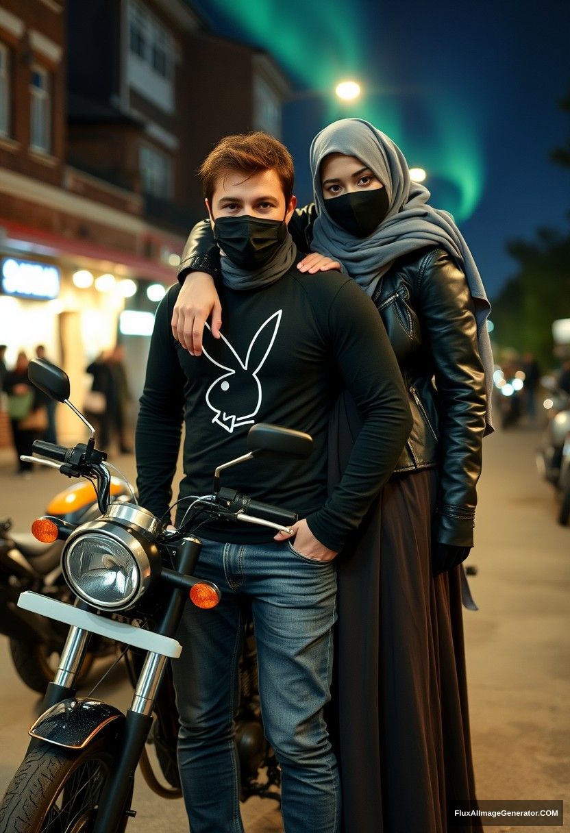 Jamie Dornan, tall, young, wearing a black face mask, black long-sleeve Playboy T-shirt, and jeans, 

dating a beautiful grey hijab-wearing Muslim girl with beautiful eyes, also wearing a black face mask and a leather jacket, dressed in the longest and biggest skirt, who is not tall, 

lying on his shoulder, standing near motorbikes for photography, specifically a Suzuki Panther model, in town, photorealistic street photography, at night with aurora borealis scenery.