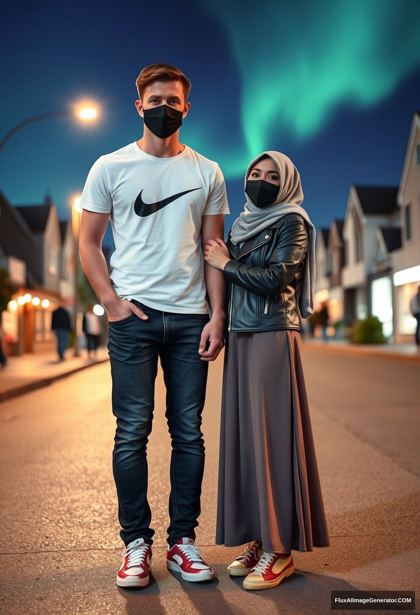 Jamie Dornan, tall, handsome, wearing a black face mask, a white Nike T-shirt, jeans, and sneakers, is dating a beautiful Muslim girl in a grey hijab. She has beautiful eyes, a black face mask, a leather jacket, and is wearing the longest and biggest skirt. She is not tall and is wearing red sneakers. They hold hands and stand together in town, captured in photorealistic street photography, full photographs, and selfies set against a night scenery with an aurora.