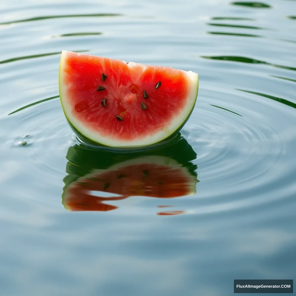 "A piece of watermelon fell onto the water's surface."