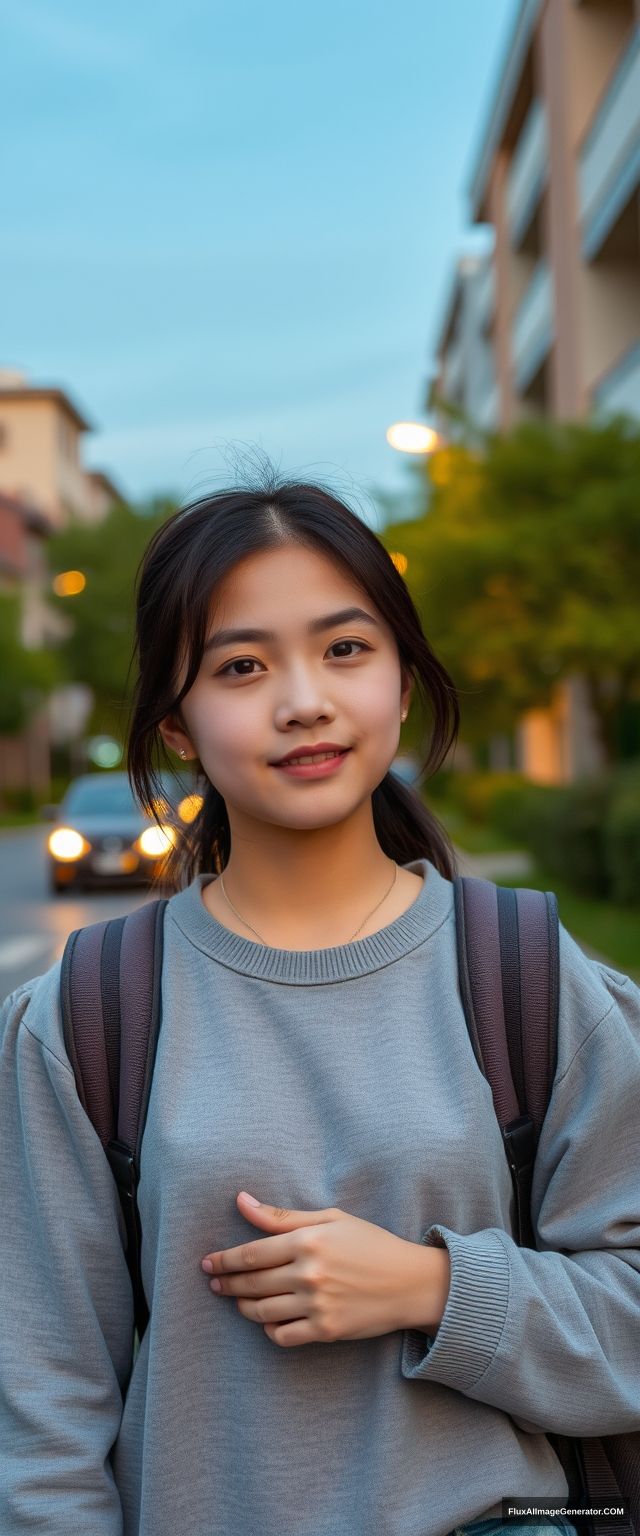 A female high school student on her way home from school, in the evening, of East Asian descent.