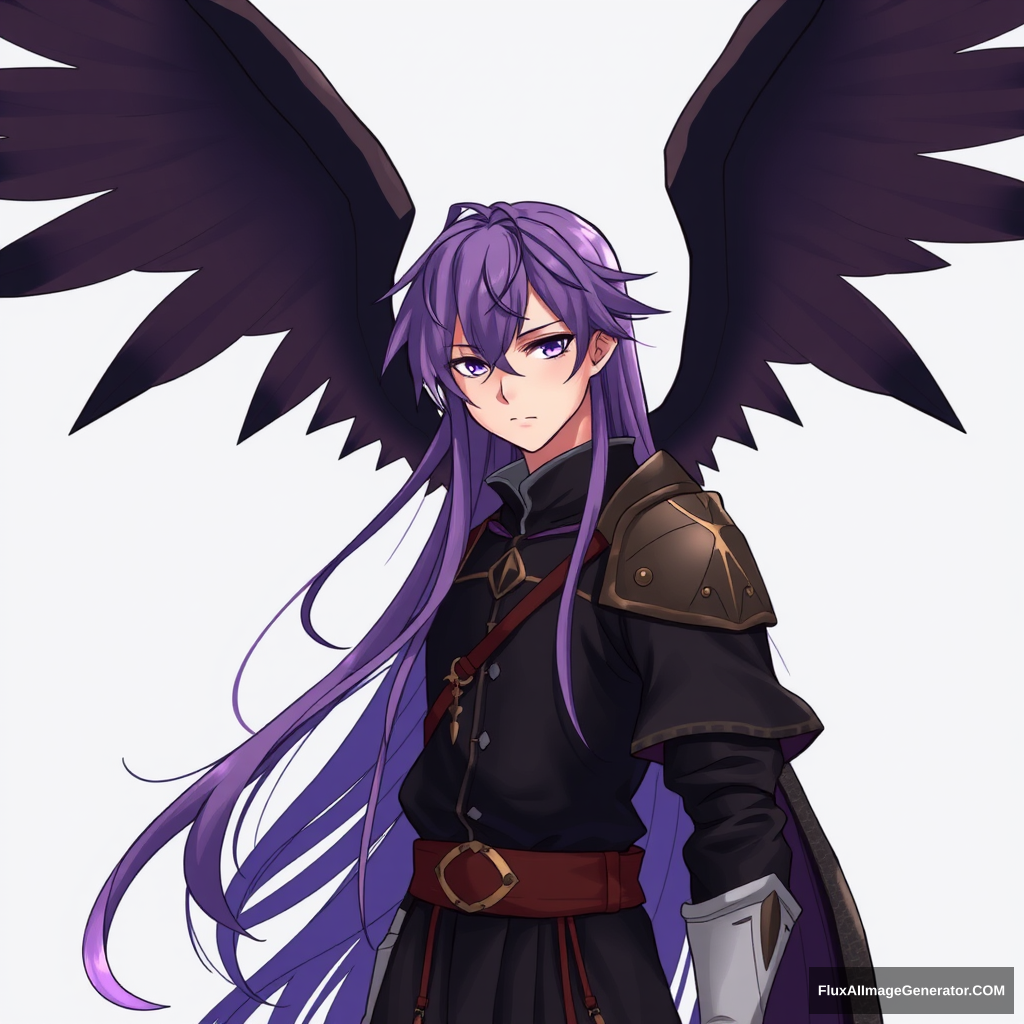 medieval, anime style, 1 boy, 16 years old, long purple hair, black wings