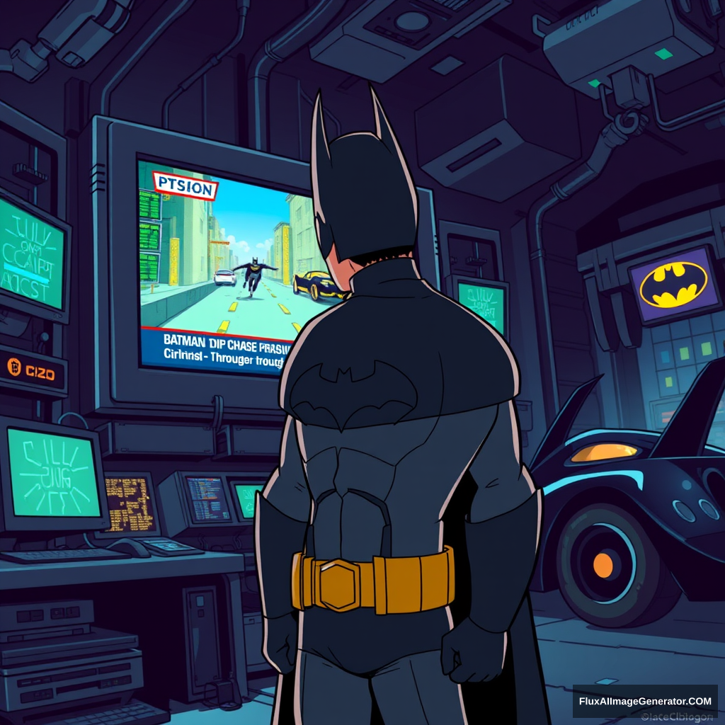 Bruce Wayne, dressed in his signature dark suit, stands in front of a massive computer screen inside the dimly lit Batcave. The screen displays a news broadcast showing Batman, mid-chase, pursuing criminals through the city. The Batcave is filled with high-tech gadgets, glowing monitors, and the iconic Batmobile in the background. The scene is depicted in a cartoon animated style, with exaggerated features, vibrant colors, and dynamic lighting that highlights the intensity of the moment.