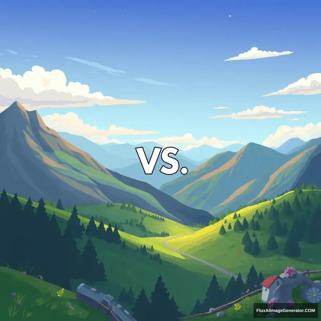 Digital illustration of a beautiful valley, with the text "VS" written in the middle. The overall mood is playful, suitable for a kid-friendly game.