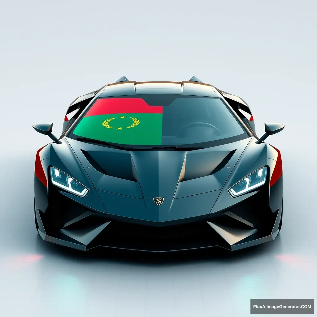 Cyberpunk car, realistic, Libyan flag on the front glass.