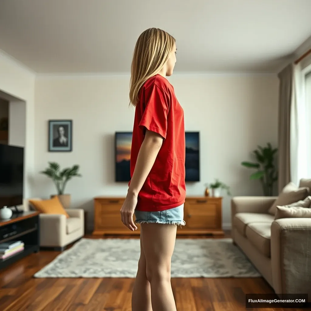 Side view of a young blonde skinny woman in her early twenties who is in her massive living room, wearing a massively oversized red polo t-shirt that is a bit off balance on one of the shoulders. The bottom part of her t-shirt is tucked in on all sides, and she is wearing small light blue denim shorts. She is not wearing shoes or socks and is facing her TV, standing there with both arms straight down.