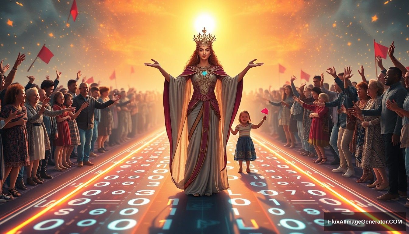 Photorealistic, Instagram-style image featuring a bright and hopeful scene depicting the concept of blockchain and decentralization. The scene is captured from a distant, wide-angle perspective, showcasing its grand scale. In the foreground, a futuristic and sci-fi styled goddess symbolizing blockchain and decentralization leads the people towards a bright future. She stands on a digital road made of glowing lines and various random characters, including 0s and 1s, symbolizing the path of digitalization. Light shines from the front, illuminating the goddess and casting a warm, hopeful glow over the entire scene. She is surrounded by families and individuals of predominantly European descent who are joyous and supportive, reaching out their hands towards the goddess, symbolizing their desire to follow her. The background is filled with elements that evoke a sense of hope and optimism. The overall aesthetic is vibrant and polished, with a modern Instagram filter applied to enhance colors and contrast.