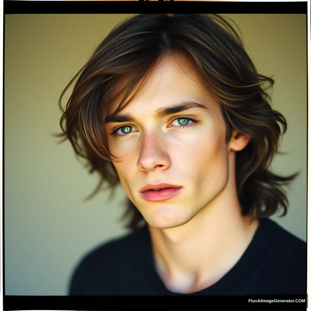 A film portrait of a beautiful young male with long hair and natural textured skin. Shot on Kodak gold 200 film, by Larry Clark, 2005, award winning photograph from the museum of modern art.