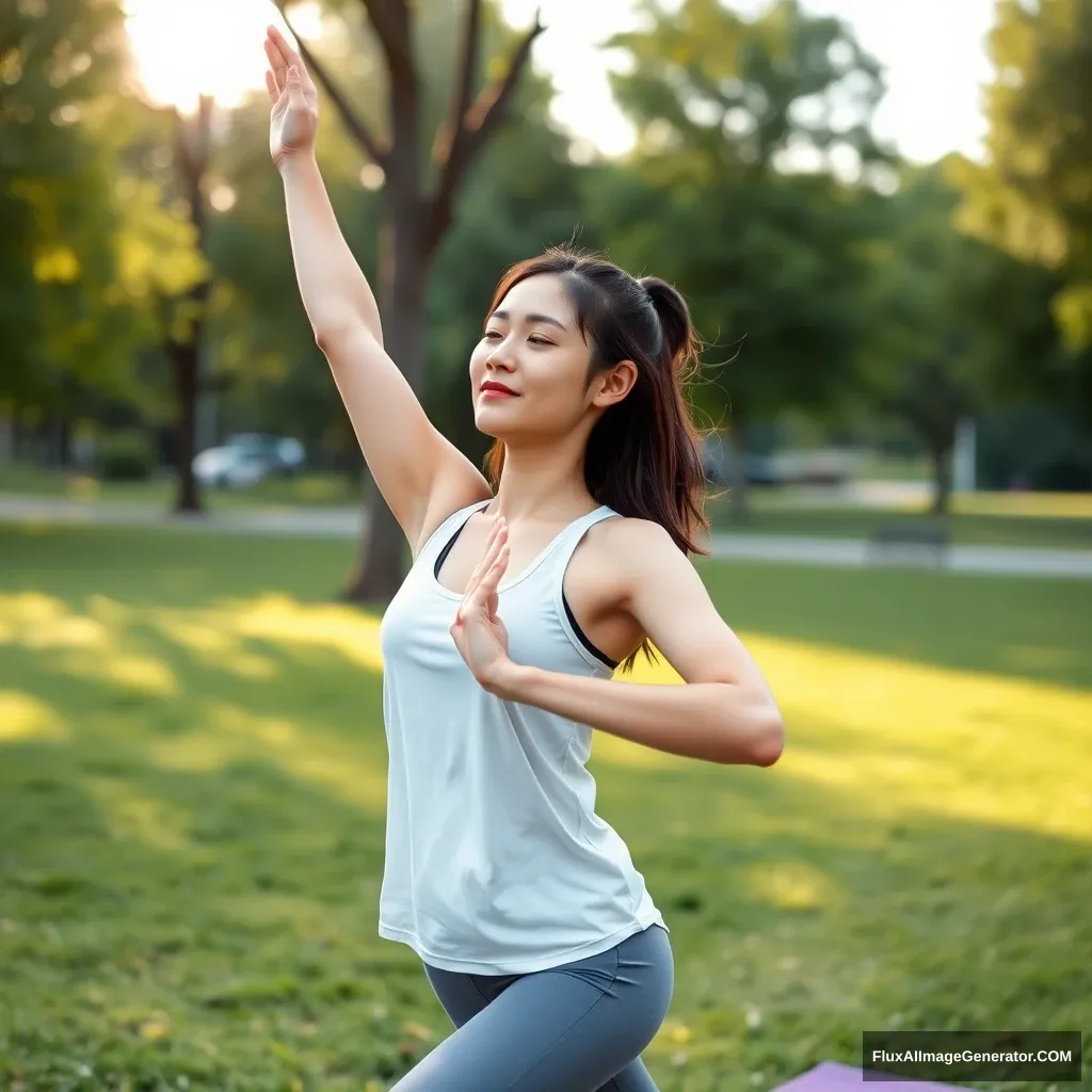 A woman doing yoga in the park, Asian, young married woman, yoga pants, yoga tank top.