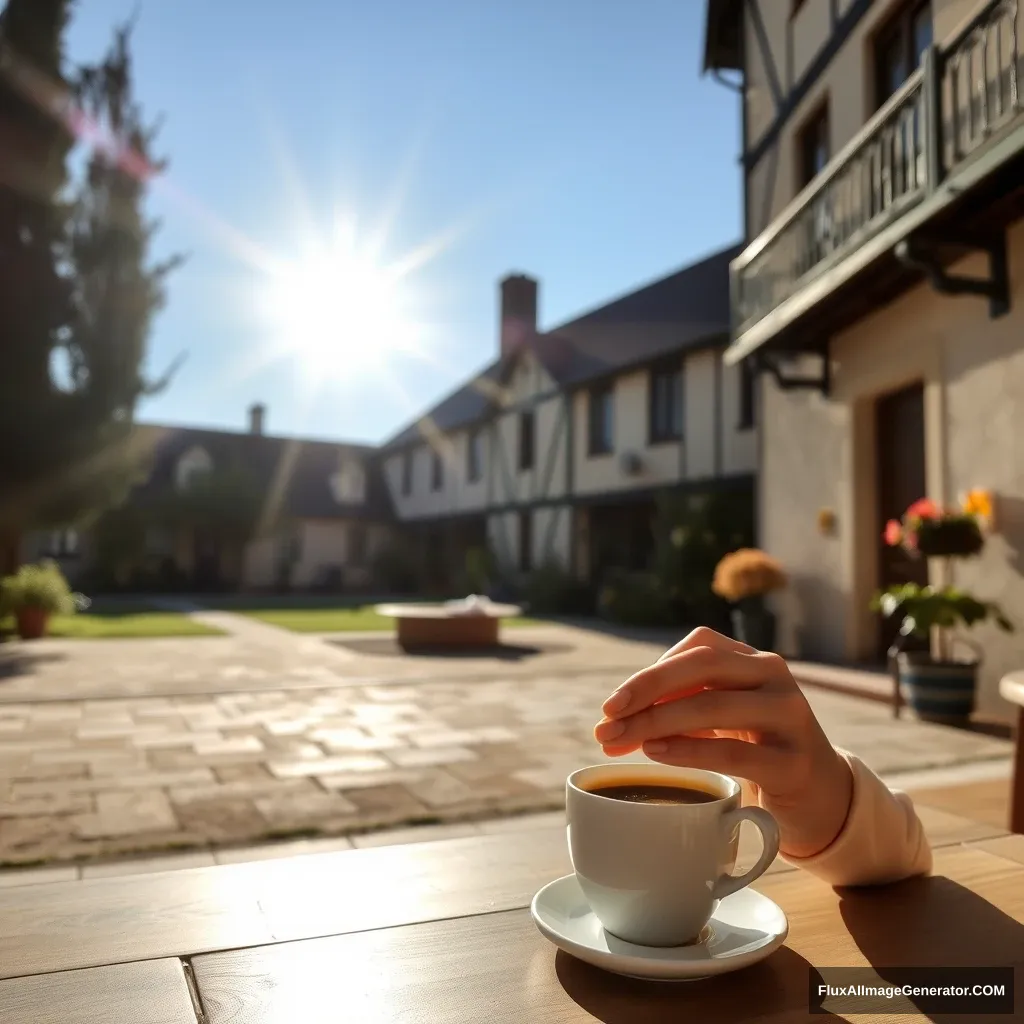 A sunshine morning, in a village court, drinking a coffee.