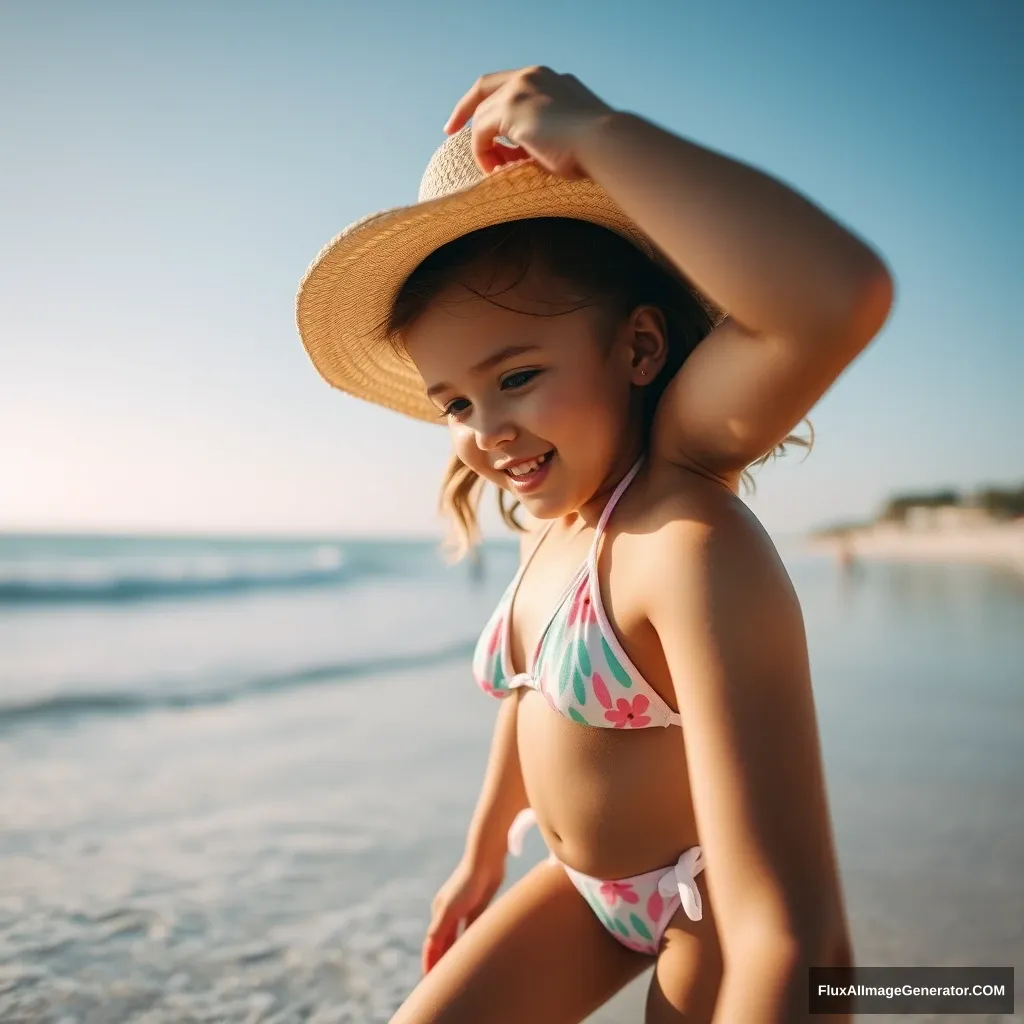 "Create a photo: A girl is wearing swimwear and playing on the beach model."