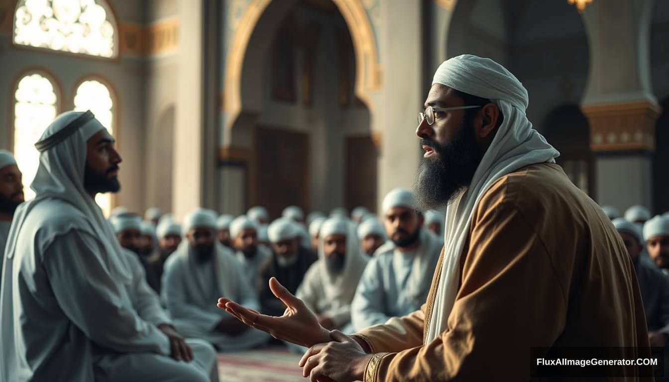 Prophet Muhammad (SAW) addressing his companions in a mosque, explaining the signs of Dajjal. The scene is filled with calm yet serious expressions, emphasizing the importance of the message. Ultra HD, realistic, respectful, with soft and cinematic lighting.