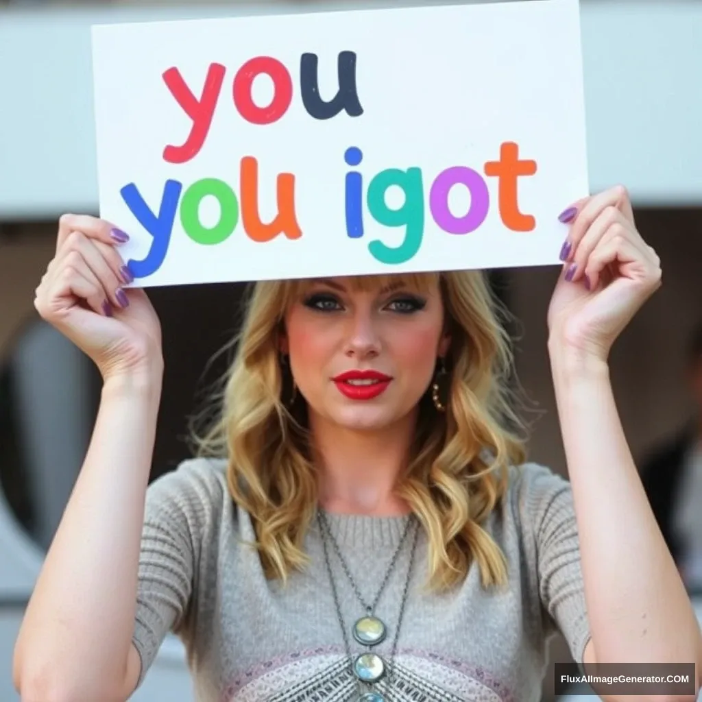 Taylor Swift holding up a sign with colorful letters that spell “you got this”.