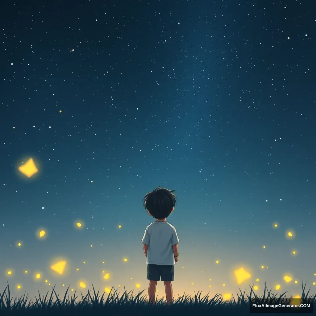 A little boy stands under the starry sky at night, surrounded by fireflies.