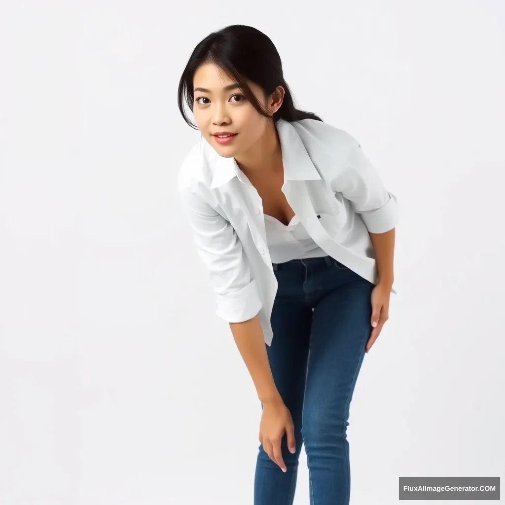 A photo of a pretty young Asian woman, in a white shirt and blue jeans, full body portrait, leaning forward.