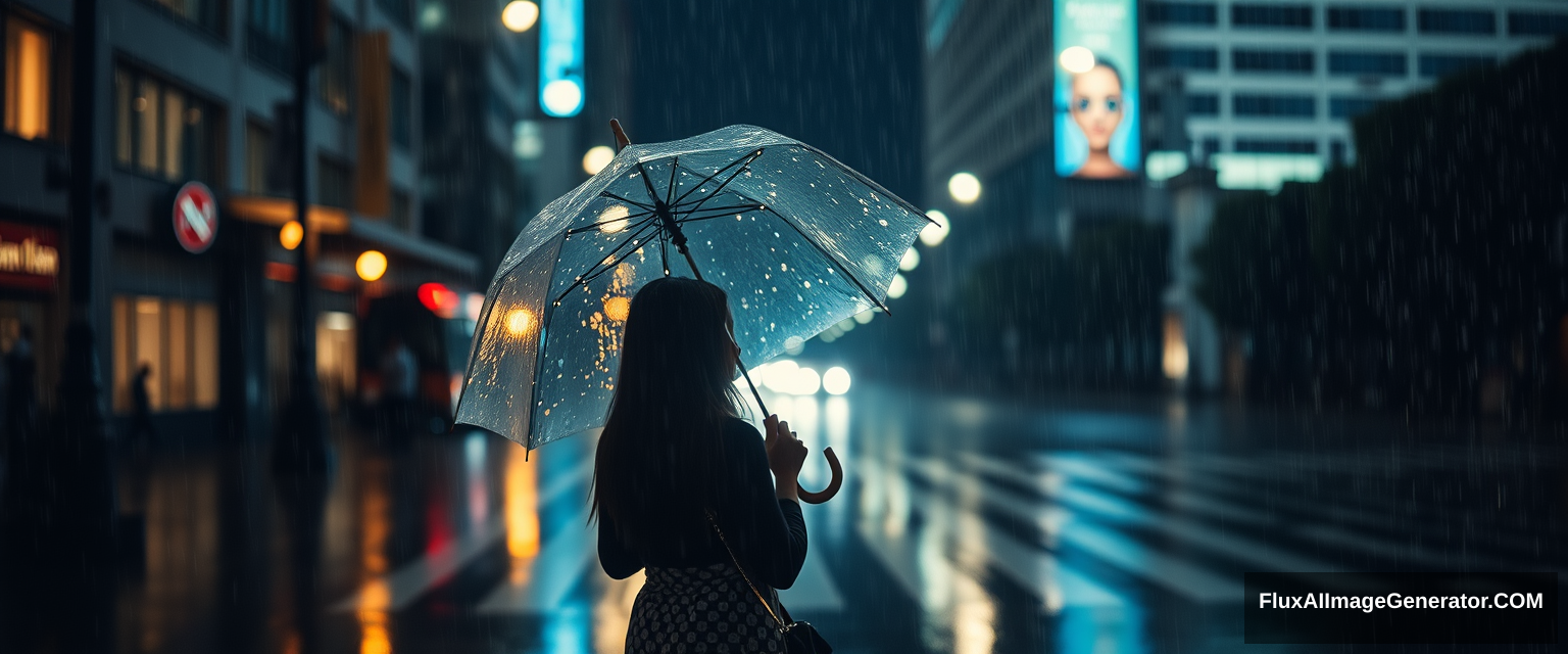 girl holding umbrella in the night rain