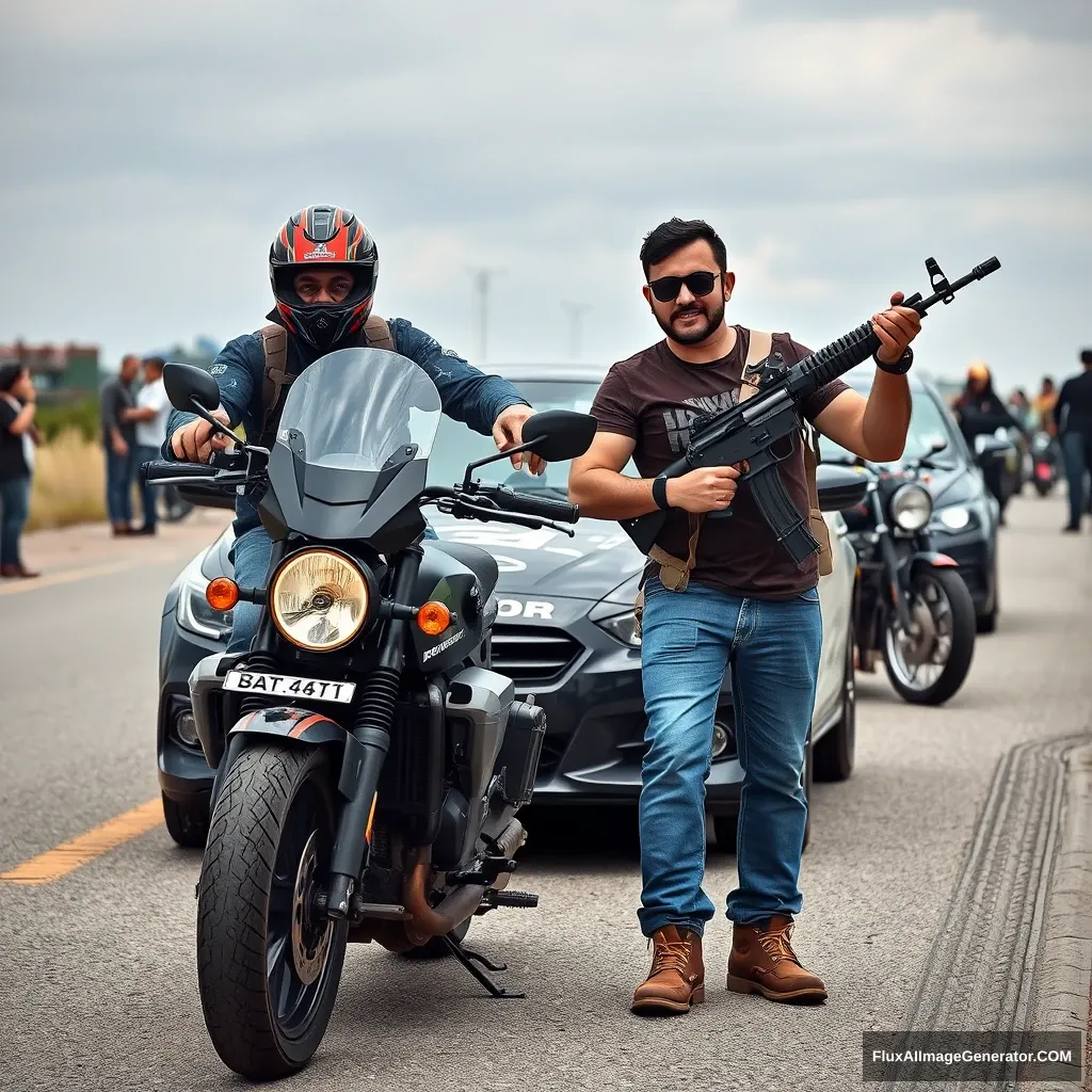 Motorcycle and car enthusiasts, holding AK47.