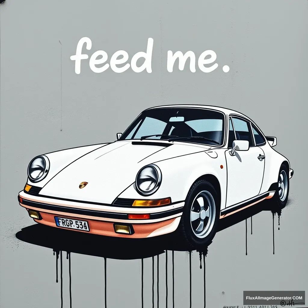 Banksy style Porsche 911 sc with text "feed me" - Image