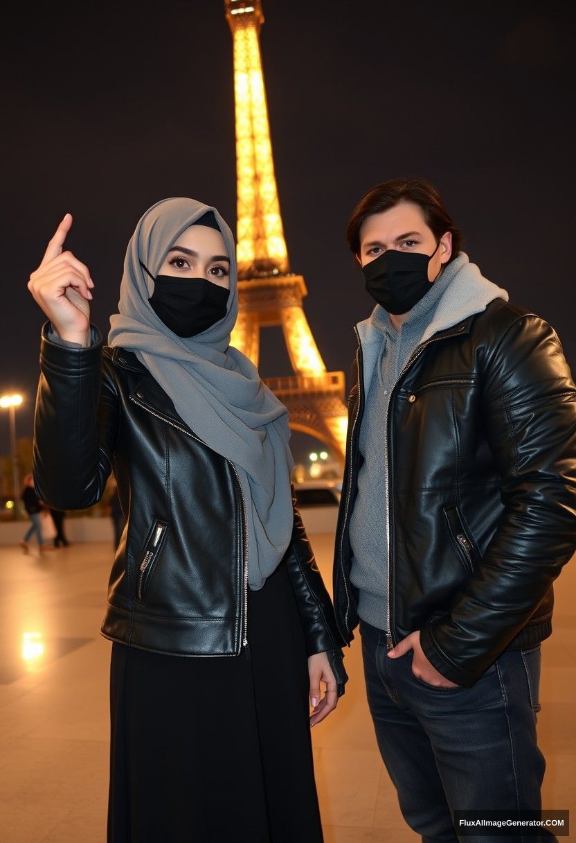 Biggest grey hijab Muslim girl, beautiful eyes, black face mask, leather jacket, biggest longest skirt, standing near the Eiffel Tower, dating love with Jamie Dornan, tall, college jacket, black face mask, night scenery, hyper realistic, photorealistic, take a selfie photo. - Image