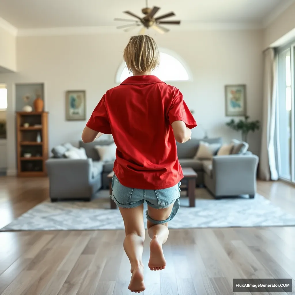 Back view of a skinny blonde woman in her large living room, wearing a massively oversized red polo shirt that is unbalanced on one shoulder, and oversized light blue denim shorts that are not rolled up. She is barefoot, facing the camera as she gets off her chair and runs towards it.