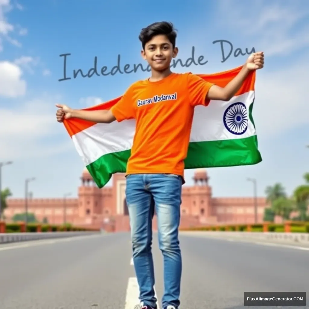 A real 20-year-old boy. Wearing an orange T-shirt, blue jeans, and sneakers, with the name "GauravModanval" written on his T-shirt. The boy is standing on the road holding a national flag of India, and behind him is the Red Fort in Delhi. Written in the sky is "Independence Day". Create a realistic high-quality image. - Image