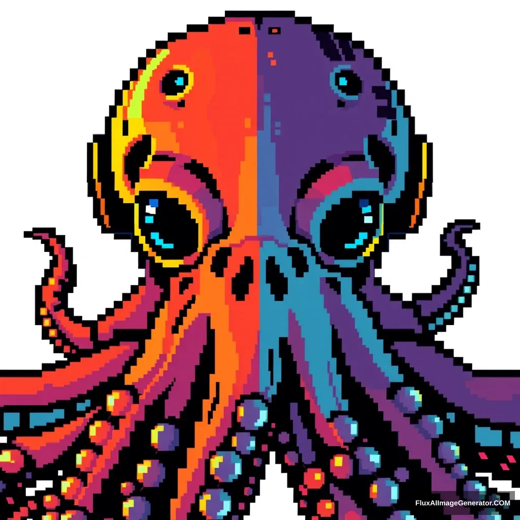 "Cyberpunk style octopus pixel art, with rich colors and a light background."