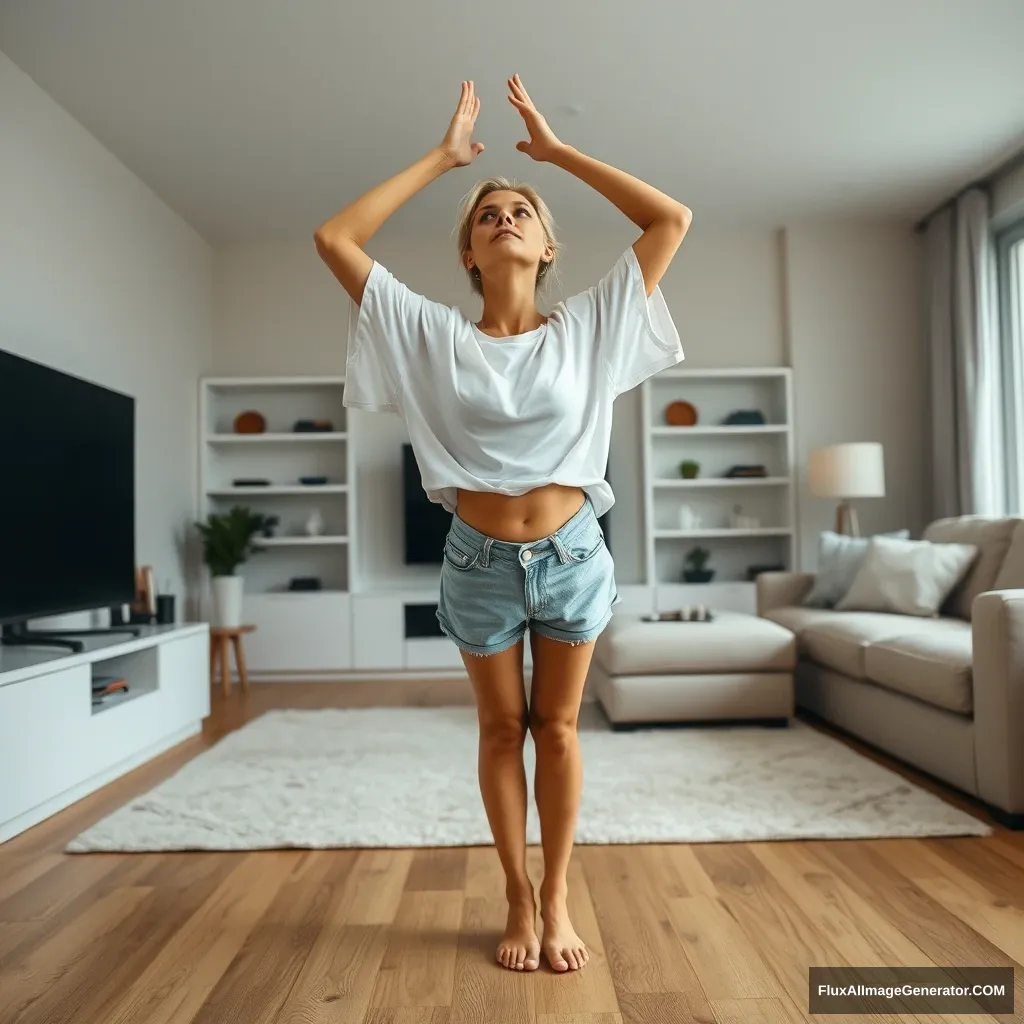 A blonde, skinny woman is positioned at a right angle in her vast living room. She wears a massively oversized white t-shirt that hangs unevenly on one sleeve, along with oversized light blue denim shorts. She is barefoot, with no shoes or socks. Facing her TV, she dives head first with both arms raised beneath her head, which is looking up, while her legs are elevated in the air, creating a -60 degree angle. - Image