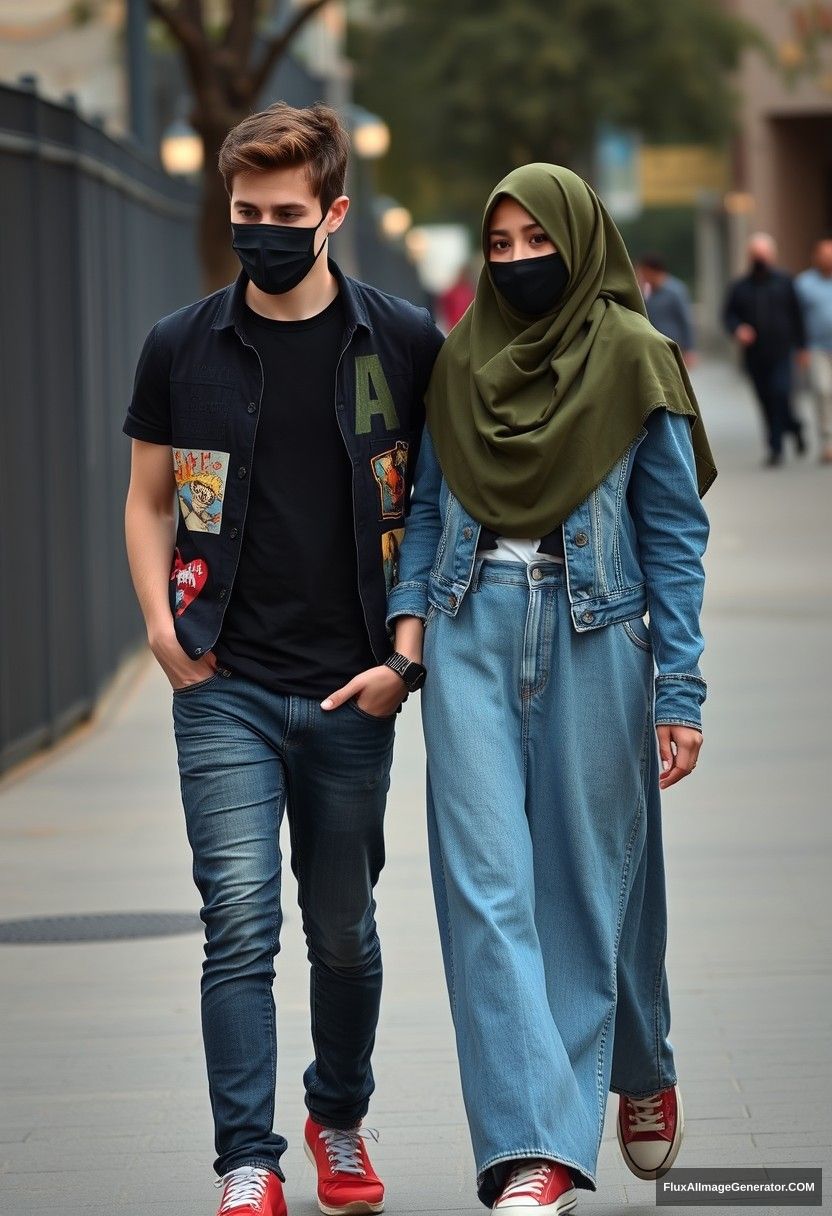 Jamie Dornan, young, black face mask, black T-shirt, collage jacket with a capital A, jeans, red sneakers, dating romantically with the biggest hijab of army green worn by a Muslim girl, beautiful eyes, black face mask, denim jacket, the biggest, longest skirt, sneakers, short girl, photorealistic, street photography, full photography. - Image