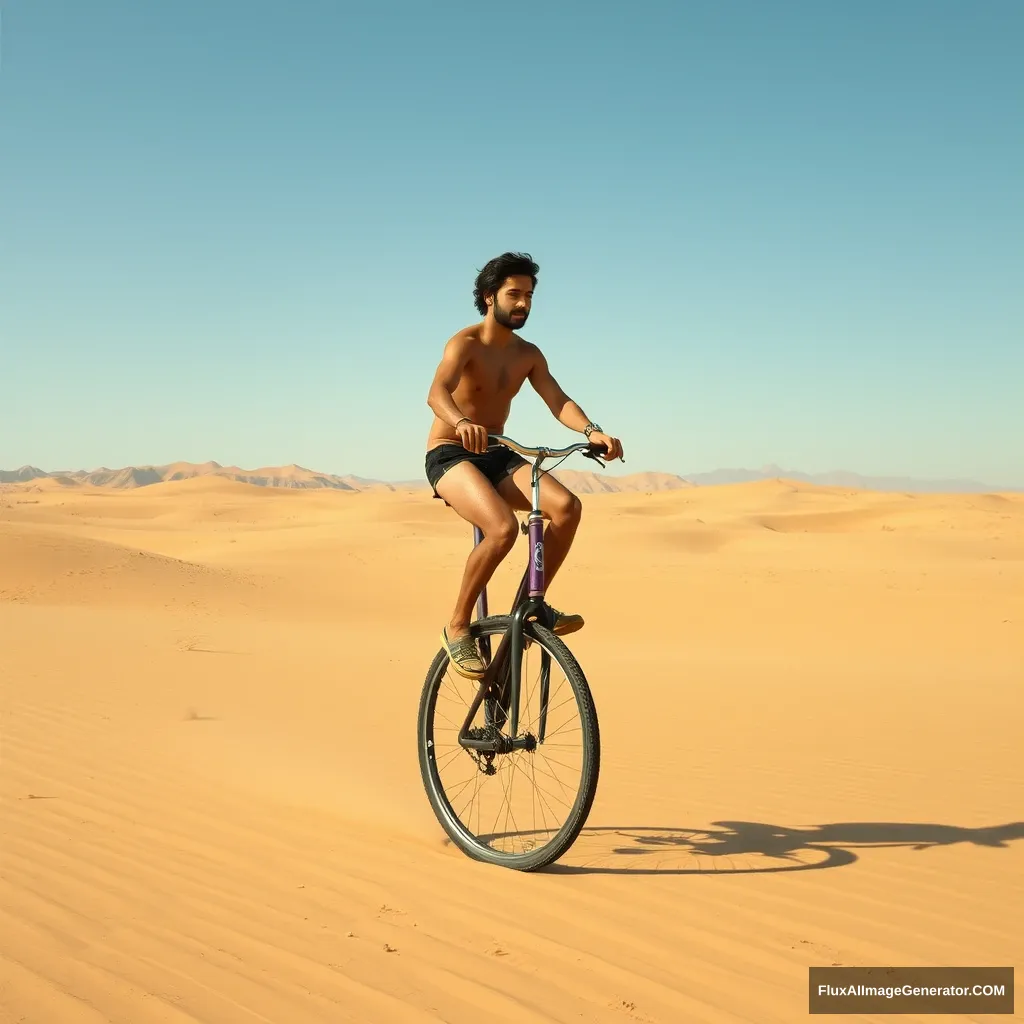 In the desert, someone is riding a unicycle; he is very hot, so he is not wearing much.