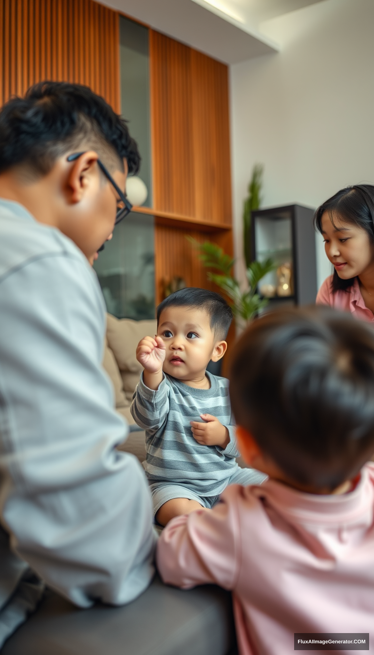 Wide shot of an East Asian family's living room, parents scolding the child.