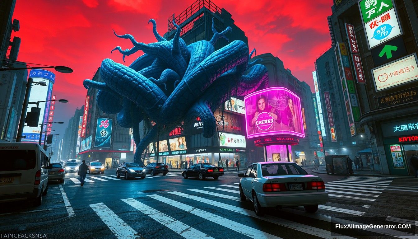 A detailed game concept design, wide-angle view, Shibuya Crossing, cyberpunk, Tokyo, night scene, crosswalk line, abandoned vehicles, huge vines from the demon world wrapping around the building, blue and purple neon lights, sky is dyed red, digital painting.