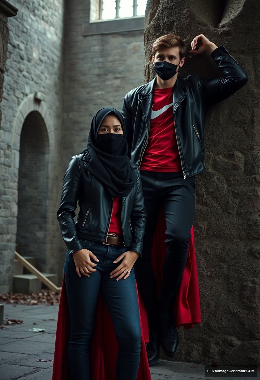 A biggest black hijab girl, beautiful eyes, face mask black, black leather jacket, biggest red longest dress, untall, standing near him, 

Jamie Dornan, handsome, youngest, face mask black, fit and tough body, Nike red t-shirt, black leather jacket, jeans, tall man, laying at wall, 

Hyper realistic, photorealistic, studio photography, Victoria's abandoned castle, gloomy. - Image