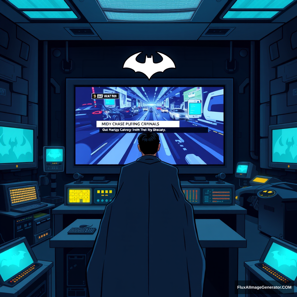 Bruce Wayne, dressed in his signature dark suit, stands in front of a massive computer screen inside the dimly lit Batcave. The screen displays a news broadcast showing mid-chase, pursuing criminals through the city. The Batcave is filled with high-tech gadgets, glowing monitors, and the iconic Batmobile in the background. The scene is depicted in a cartoon animated style, with exaggerated features, vibrant colors, and dynamic lighting that highlights the intensity of the moment.