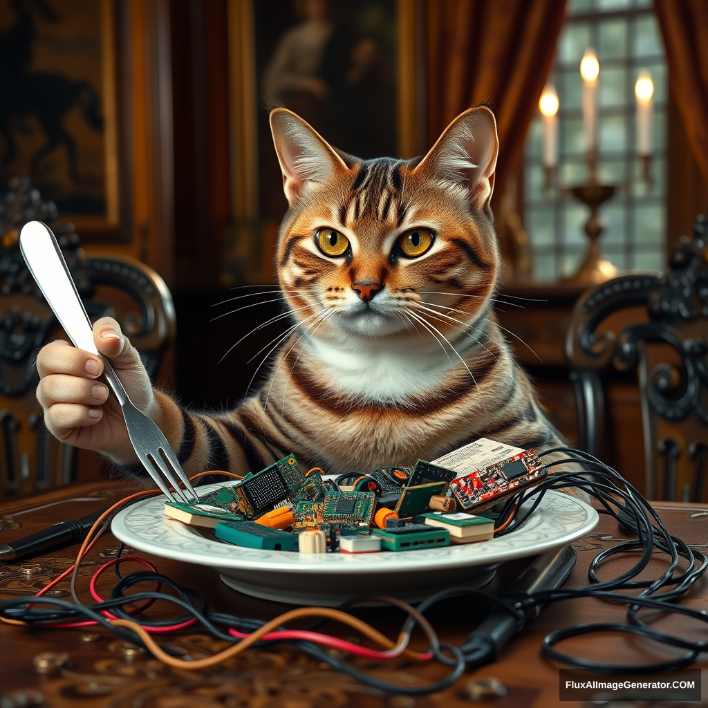 A lifelike tabby cat sits upright at an ornate Victorian dining table, deftly wielding a silver knife and fork. Its plate brims with an assortment of colorful circuit boards, microchips, and tangled wires. Hyper-realistic details capture every whisker, reflecting candlelight in its curious eyes.