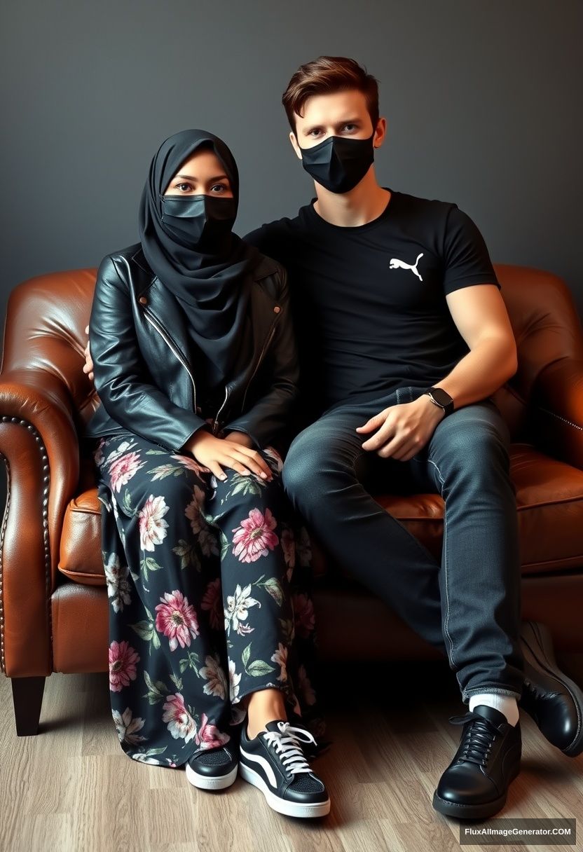 A biggest black hijab girl, slim girl, beautiful eyes, face mask black, black leather jacket, biggest floral long dress, black leather sneaker, sitting on leather single wing sofa, Jamie Dornan, youngest, puma black T-shirt, jeans, black leather sneaker, tall man, face mask black, fit body, sitting near her, hyper realistic, studio photography. - Image