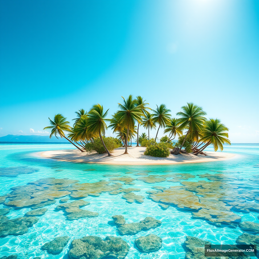 Tropical Island Paradise: "A secluded tropical island surrounded by turquoise waters, with white sandy beaches, swaying palm trees, and vibrant coral reefs visible just beneath the water’s surface. The sky is clear, with a warm, inviting sun." - Image