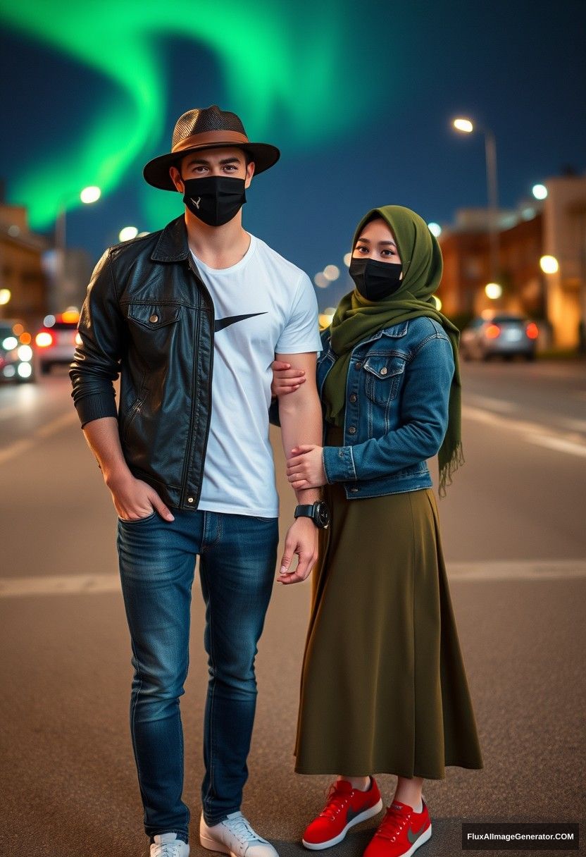 Jamie Dornan, handsome, leather hat, black face mask, white Nike T-shirt, jeans, sneakers, dating romantically with a Muslim girl in a green army hijab, beautiful eyes, black face mask, jeans jacket, longest skirt, not a tall girl, red sneakers, holding hands, photorealistic, street photography, full photography, selfie photos, night scenery, aurora.