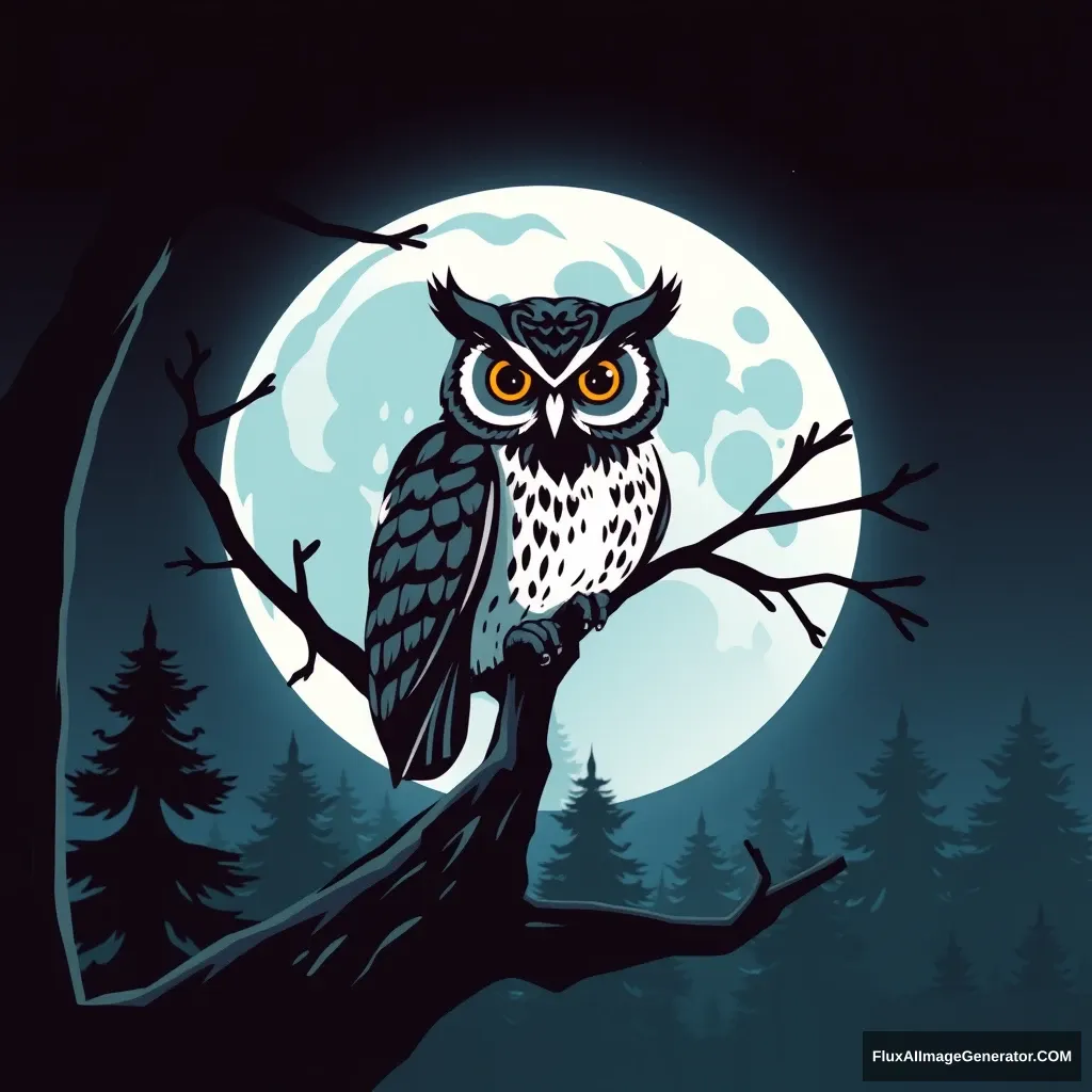 a company logo, owl sitting on the branch, behind moon, forest - Image