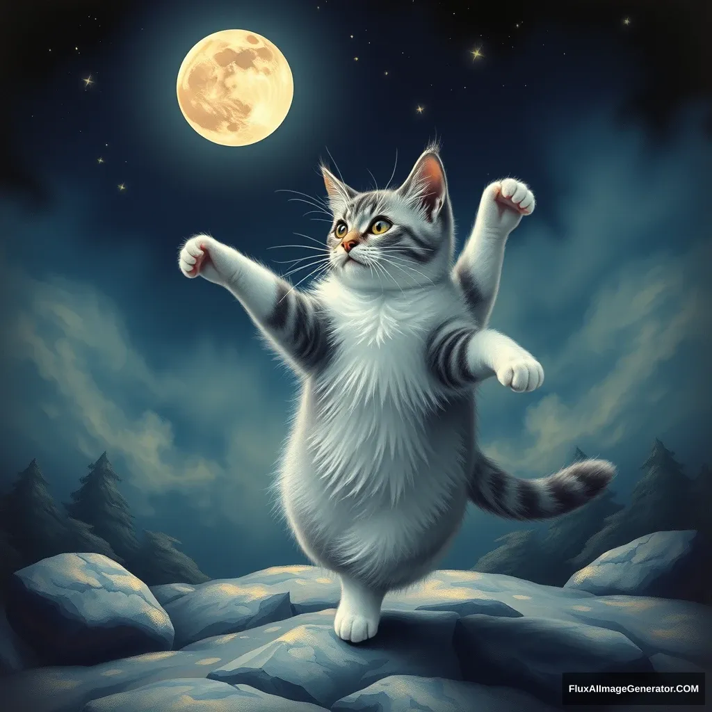 a british blue-white cat dancing on the moon