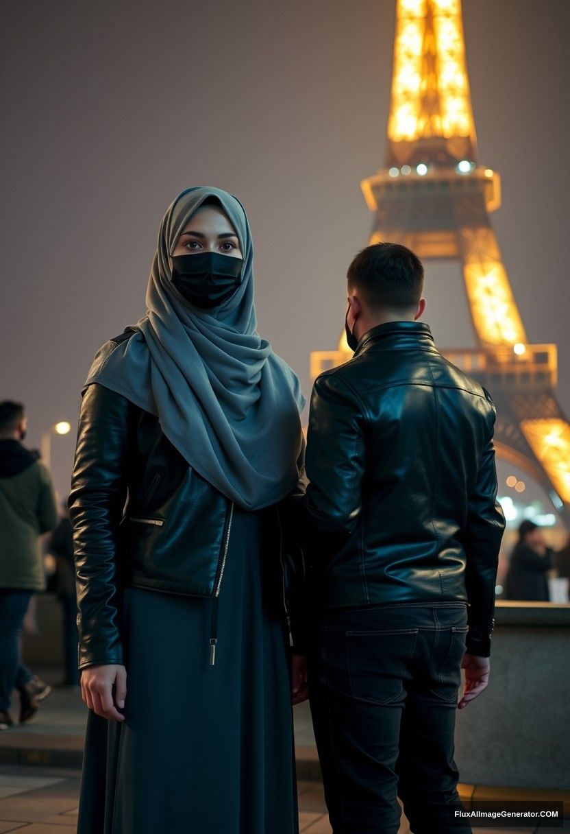 Biggest grey hijab Muslim girl, beautiful eyes, black face mask, leather jacket, largest longest skirt, standing near the Eiffel Tower, dating Jamie Dornan, tall, leather jacket, jeans, black face mask, night scenery, strangers from the back, hyper-realistic, photorealistic, selfie.