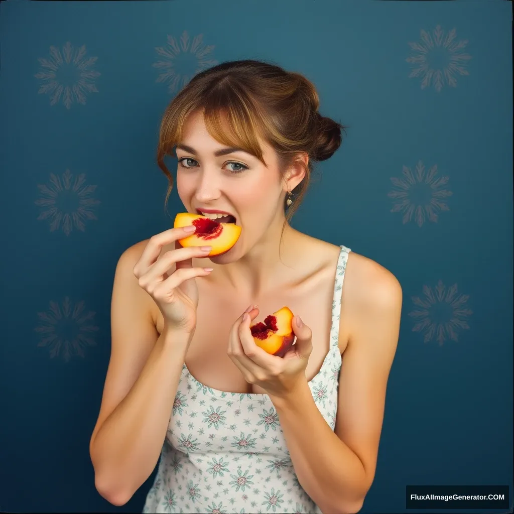 'A woman eating cut peaches.'