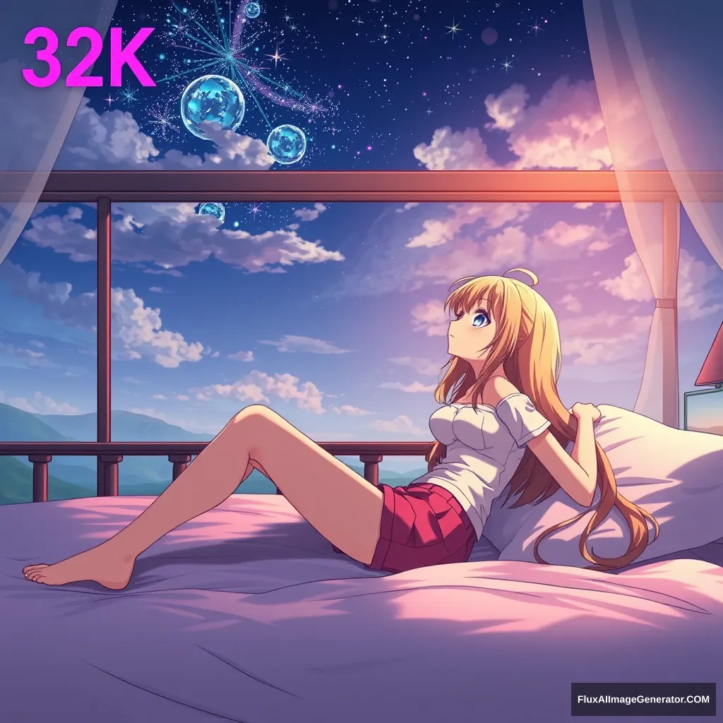 "Anime character lying on the bed, looking at the ceiling, female, 32K UHD, 1990s, majestic pose, scenery, full body, pink shorts." - Image