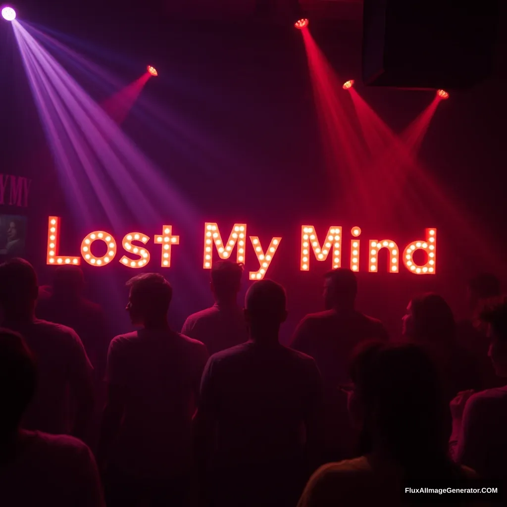 Lost my mind in the club, people dancing, glowing 3D text saying "Lost My Mind".