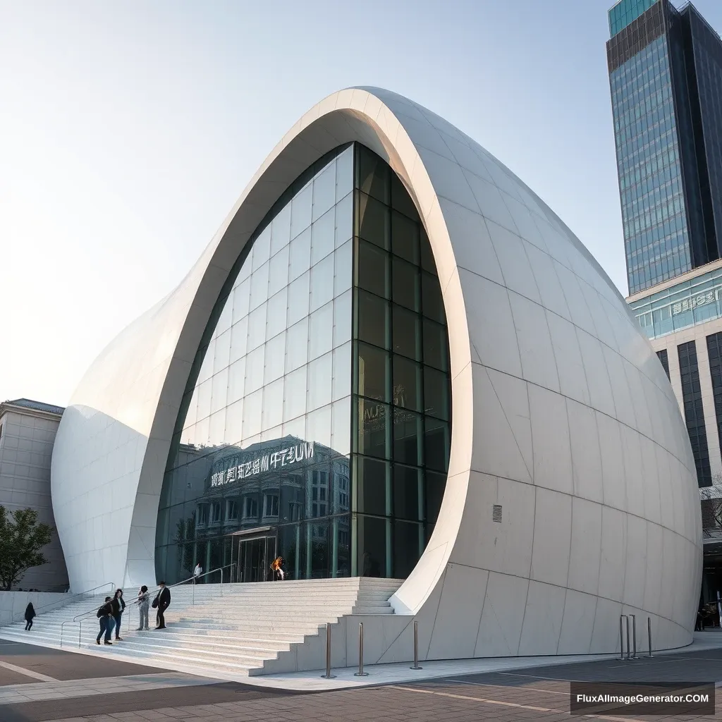 White stone, museum, one side of the facade is a full mirror, huge volume, beautiful object shape, Seoul, Cheongdam-dong - Image