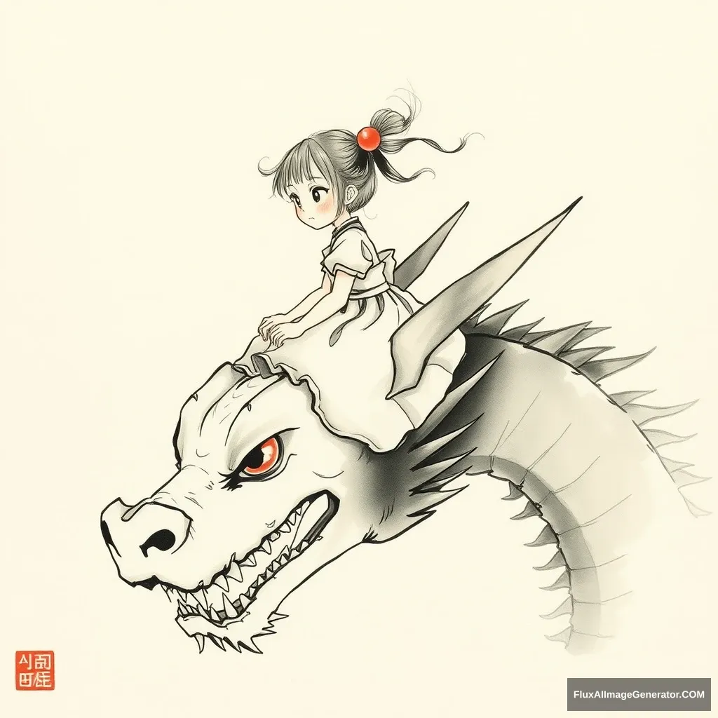 Ink wash painting, a little girl riding on the dragon's head, only showing the dragon's head.