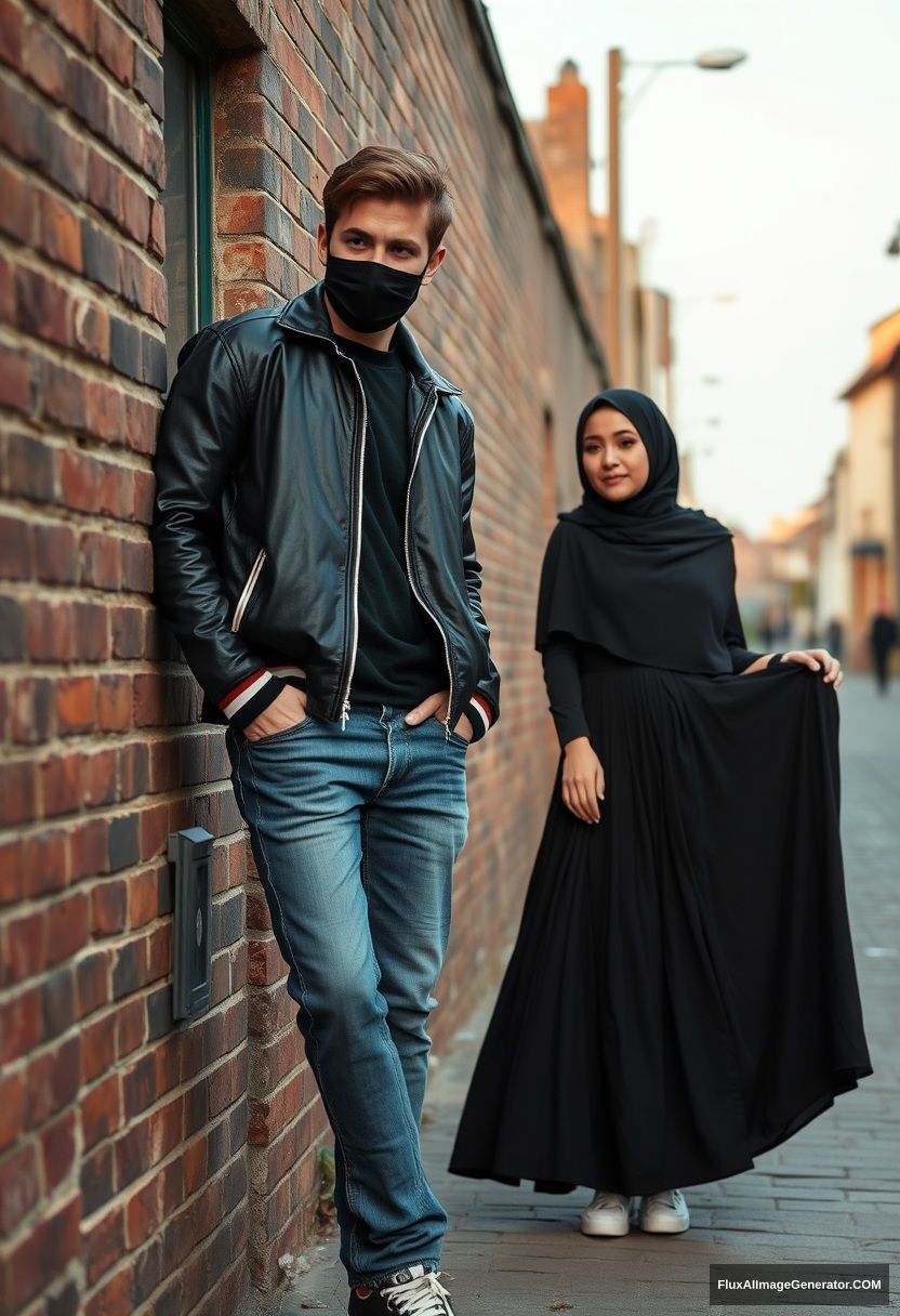 Jamie Dornan, handsome, young, wearing a black face mask, a collage jacket, and jeans, is dating a beautiful Muslim girl in a black hijab with beautiful eyes. He is also wearing a black leather jacket and sneakers. The girl is wearing the largest, longest skirt and is standing or laying against a brick wall in a town during the morning scenery. The scene is photorealistic and resembles street photography. - Image