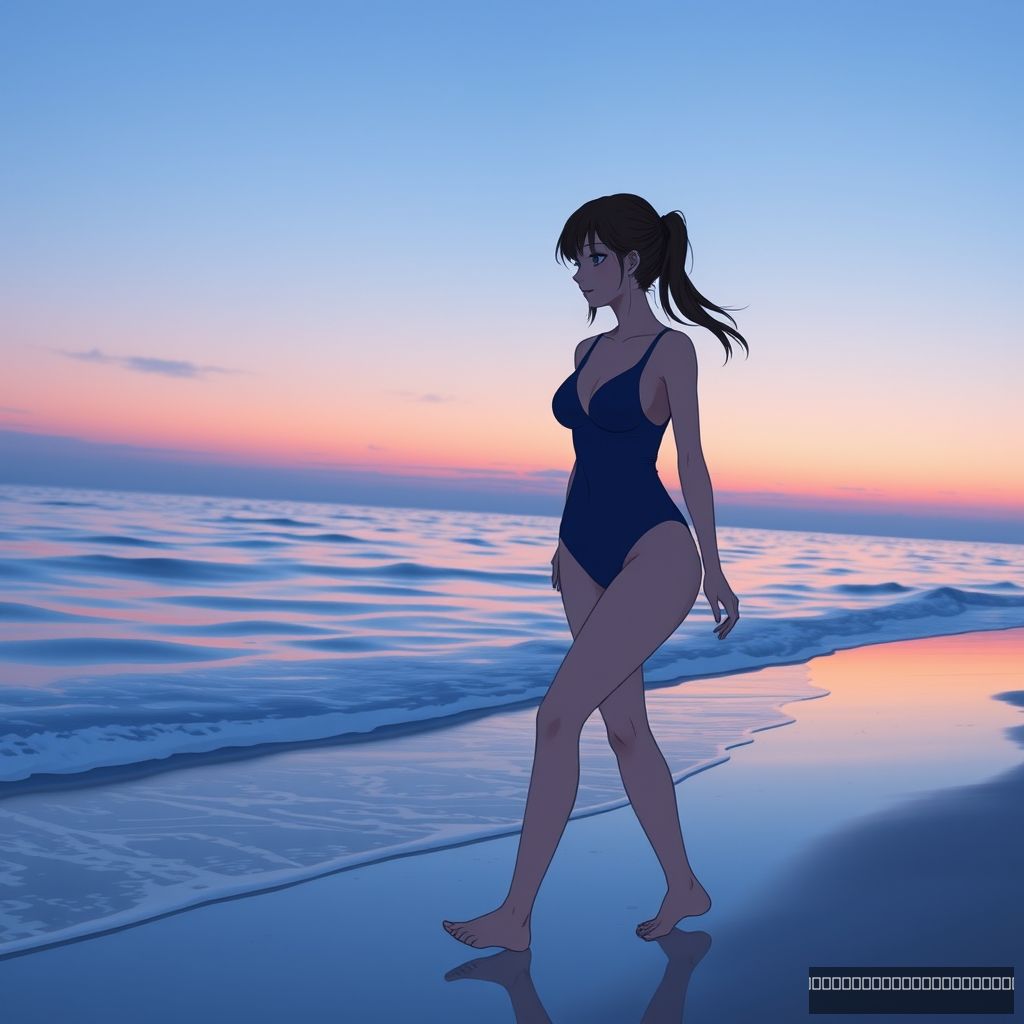 A woman in a swimsuit walking by the sea, beach, dusk, Chinese, anime. - Image