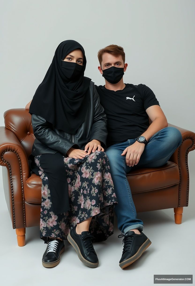 A biggest black hijab girl, slim girl, beautiful eyes, face mask black, black leather jacket, biggest floral long dress, black leather sneaker, sitting on leather single wing sofa, Jamie Dornan, youngest, puma black T-shirt, jeans, black leather sneaker, tall man, face mask black, fit body, sitting near her, hyper realistic, studio photography.