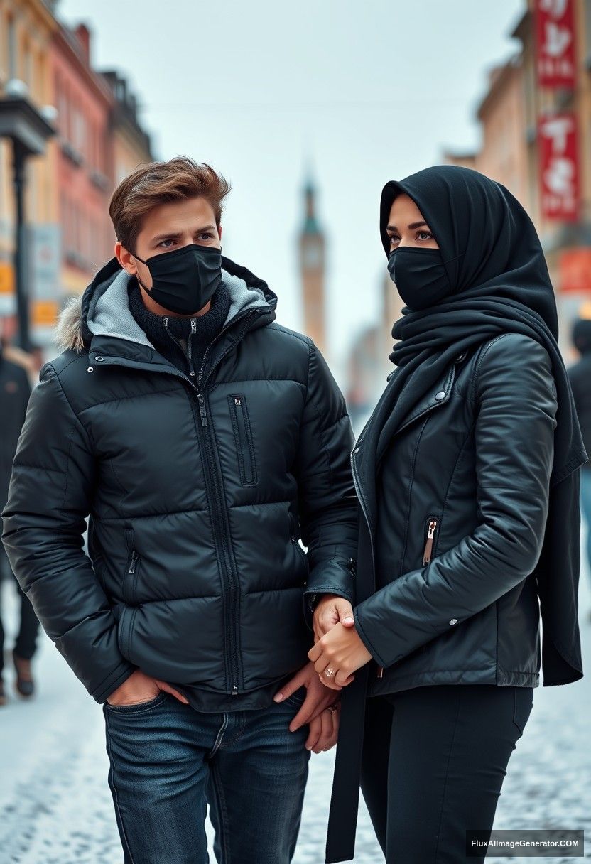 Jamie Dornan, handsome, young, wearing a black face mask, snow jacket, jeans, dating a beautiful Muslim girl in a big black hijab with beautiful eyes, also wearing a black face mask and a black leather jacket, standing together in a winter scenery in town, photorealistic, street photography. - Image